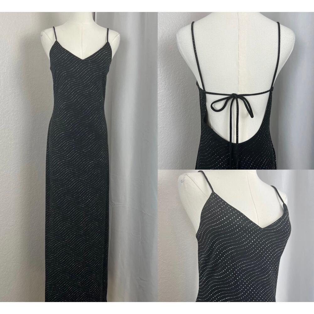 VTG‎ City Triangles Maxi Dress Medium Black Glitter Open Back Y2K Prom 90s Fairy